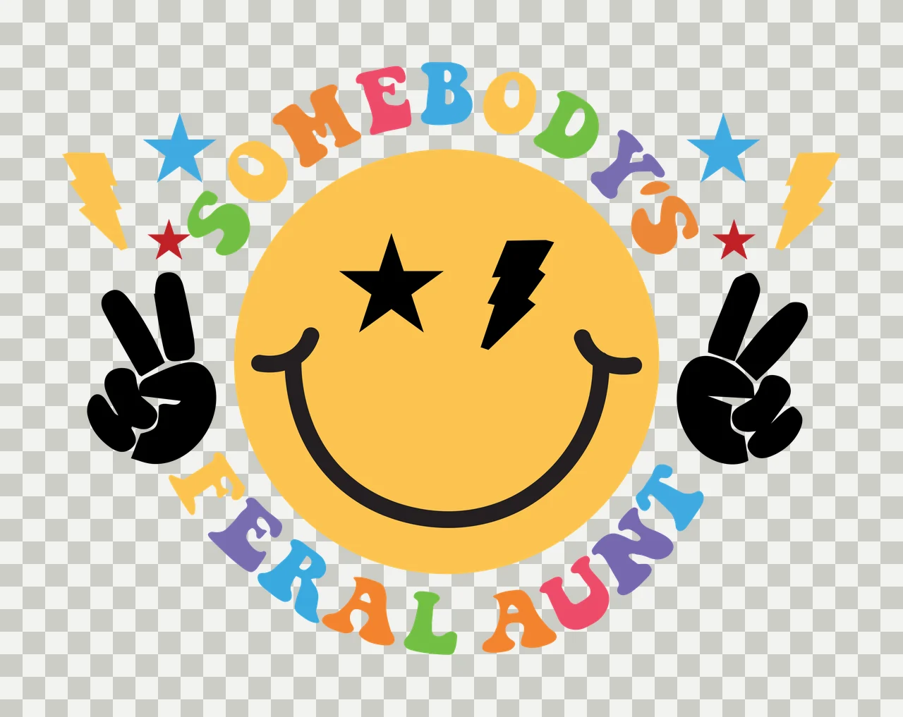 SOMEBODY'S FERAL AUNT smiley face Design with star eye, lightning bolt eye, peace sign hands and arched lettering in yellow, black and blue transparency and detail preview thumbnail