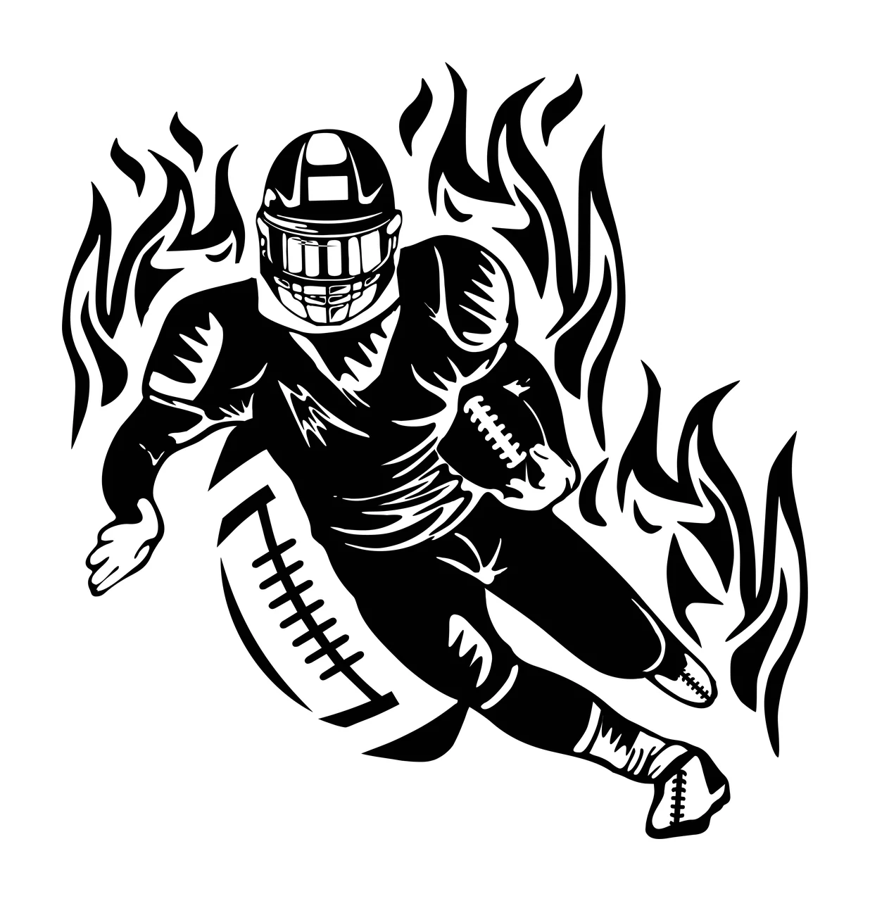 Fire Football Player Running person helmet black white flames