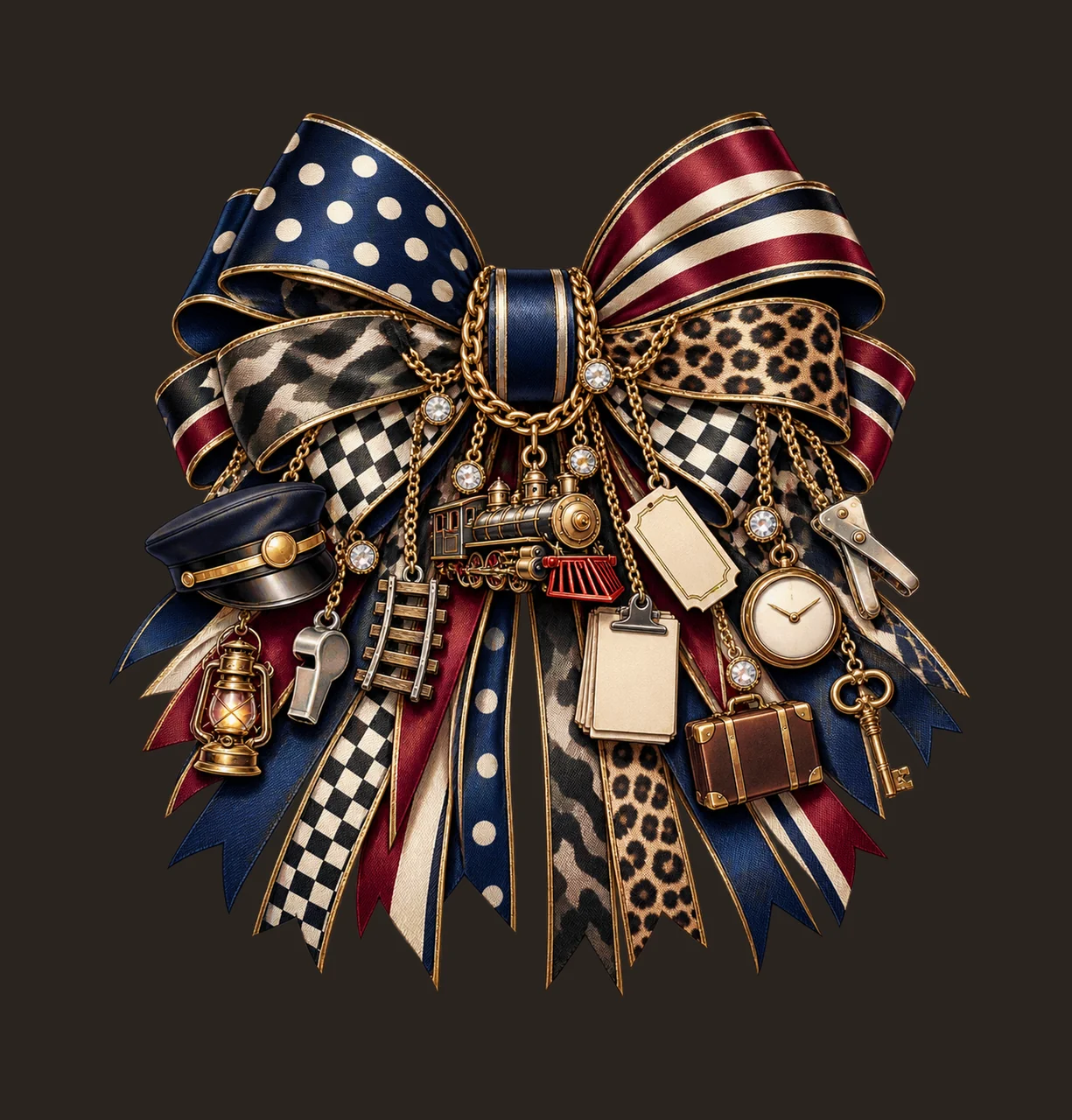 Train Conductor Bow Charm PNG, Gold Chain Charms, Transparent Sublimation Design, Digital Download contrast preview thumbnail