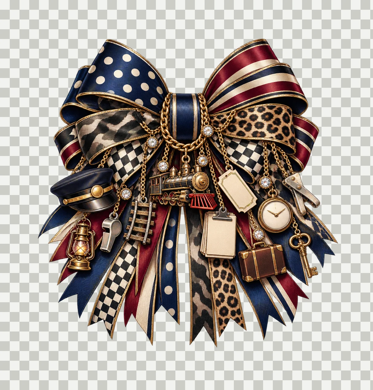Train Conductor Bow Charm PNG, Gold Chain Charms, Transparent Sublimation Design, Digital Download transparency and detail preview thumbnail