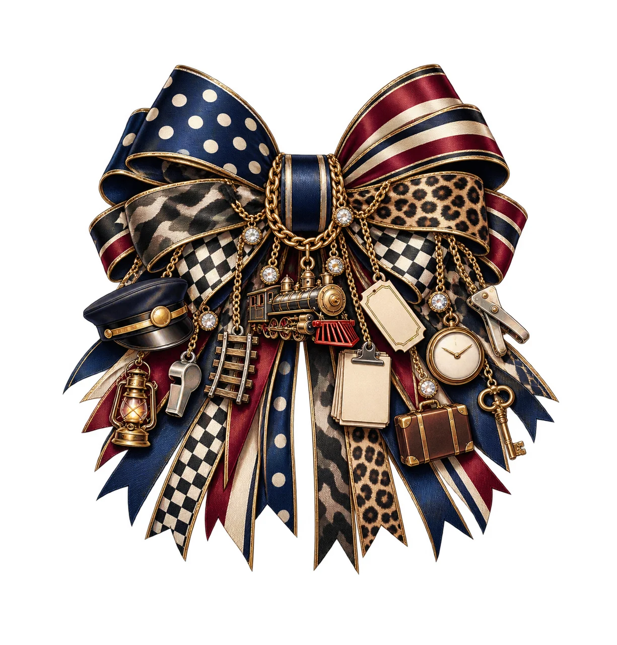 Train Conductor Bow Charm PNG, Gold Chain Charms, Transparent Sublimation Design, Digital Download