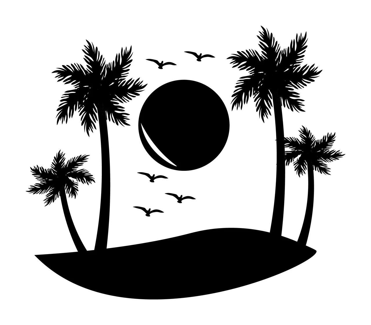 Palm Trees Surrounding Circular Sun Landscape birds mound Silhouette
