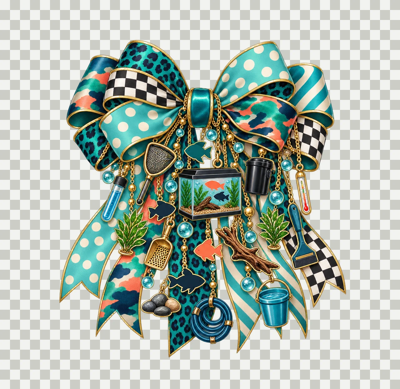 Aquarium Hobbyist Bow Charm PNG, Themed Gold Chain Charms, Coquette Ribbon Sublimation Design, Transparent Digital Download transparency and detail preview thumbnail
