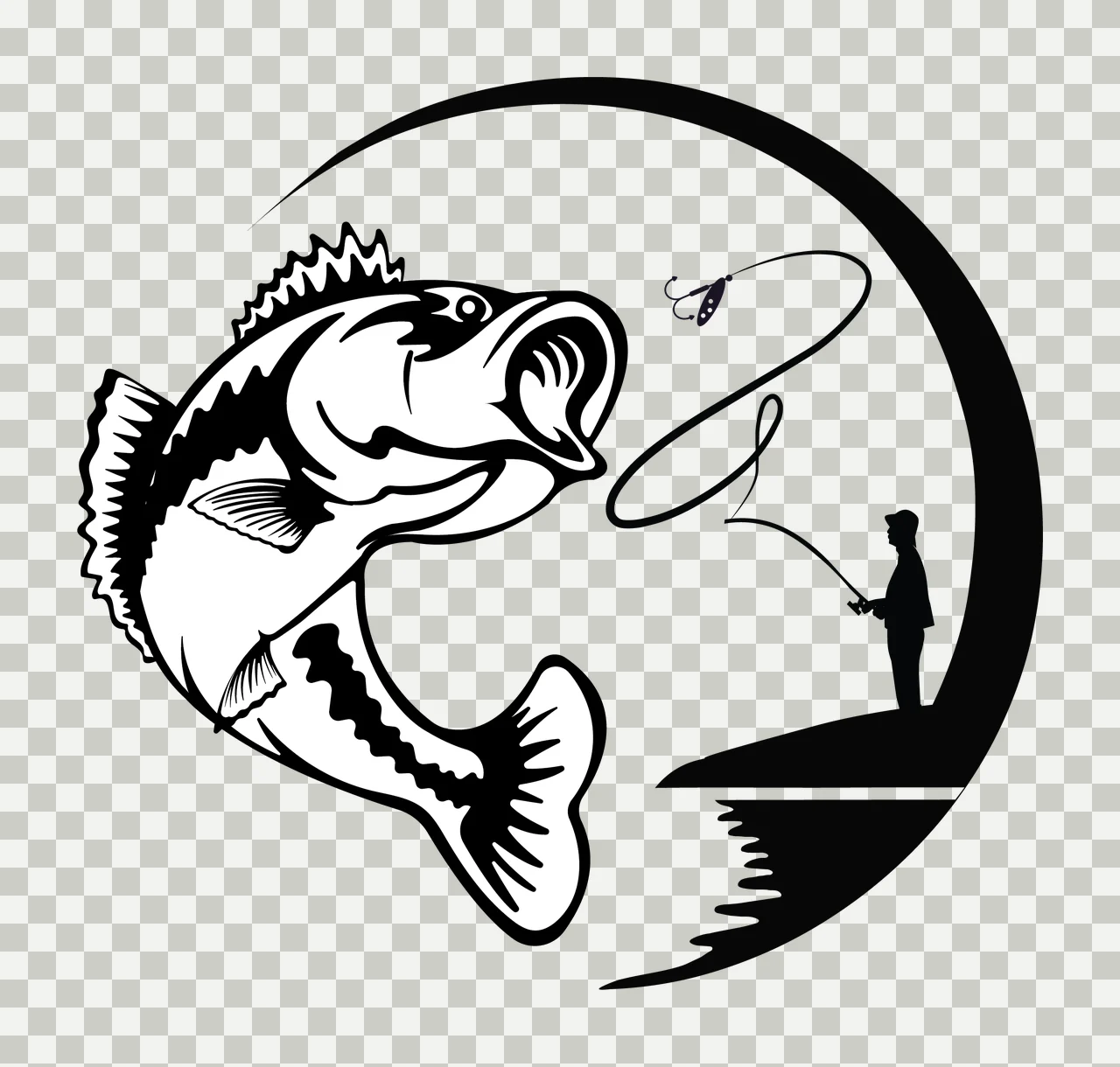 Fisherman Fish And Silhouette Design jumping fishing rod circle transparency and detail preview thumbnail