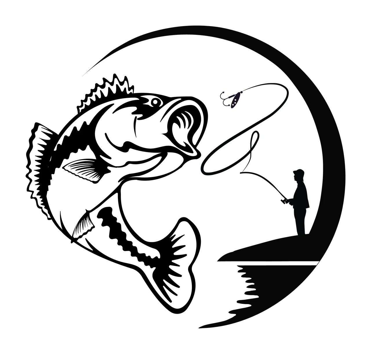 Fisherman Fish And Silhouette Design jumping fishing rod circle