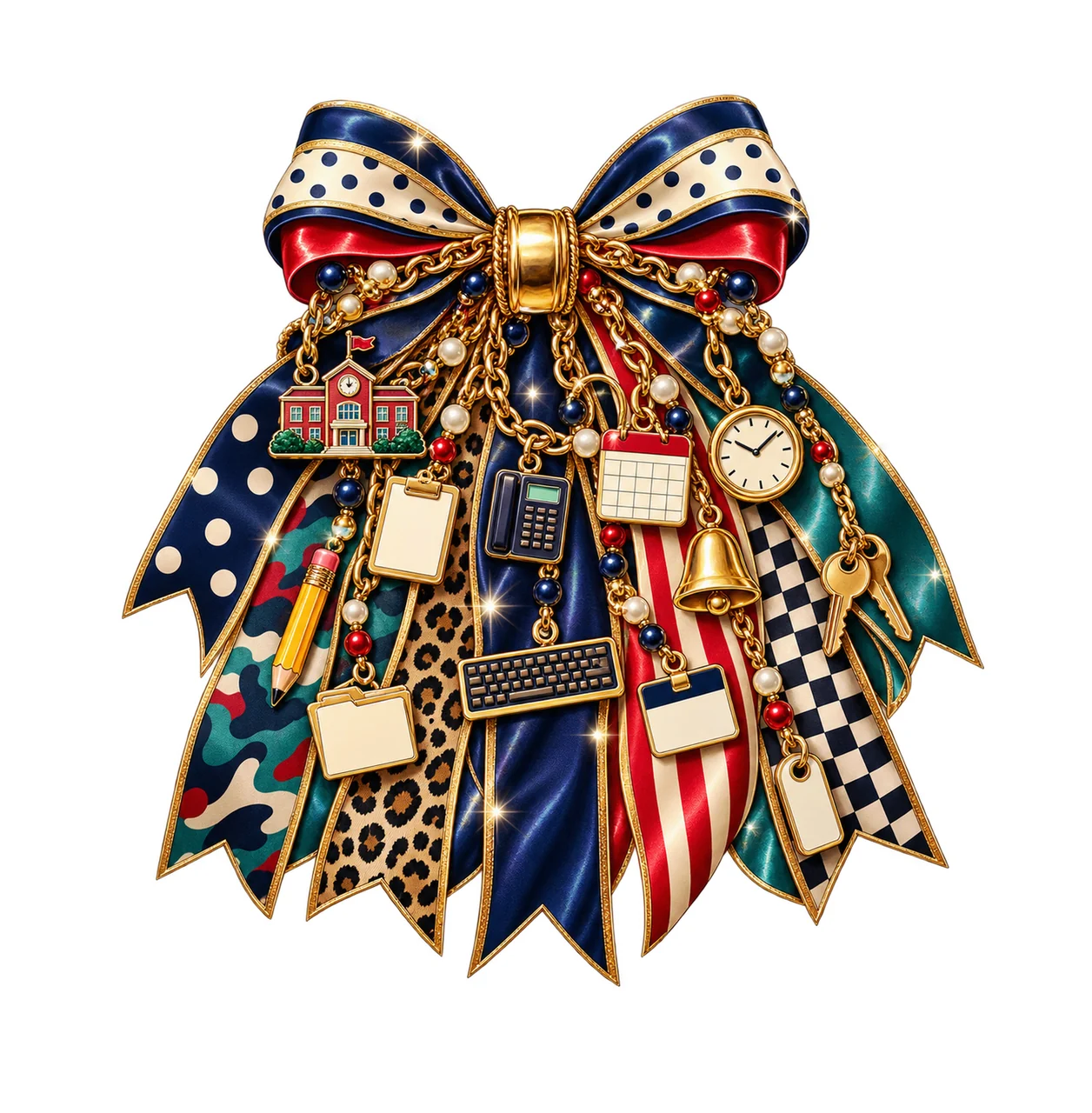 School Attendance Clerk Bow Charm PNG, Themed Gold Chain Charms, Coquette Ribbon Sublimation Design, Transparent Digital Download
