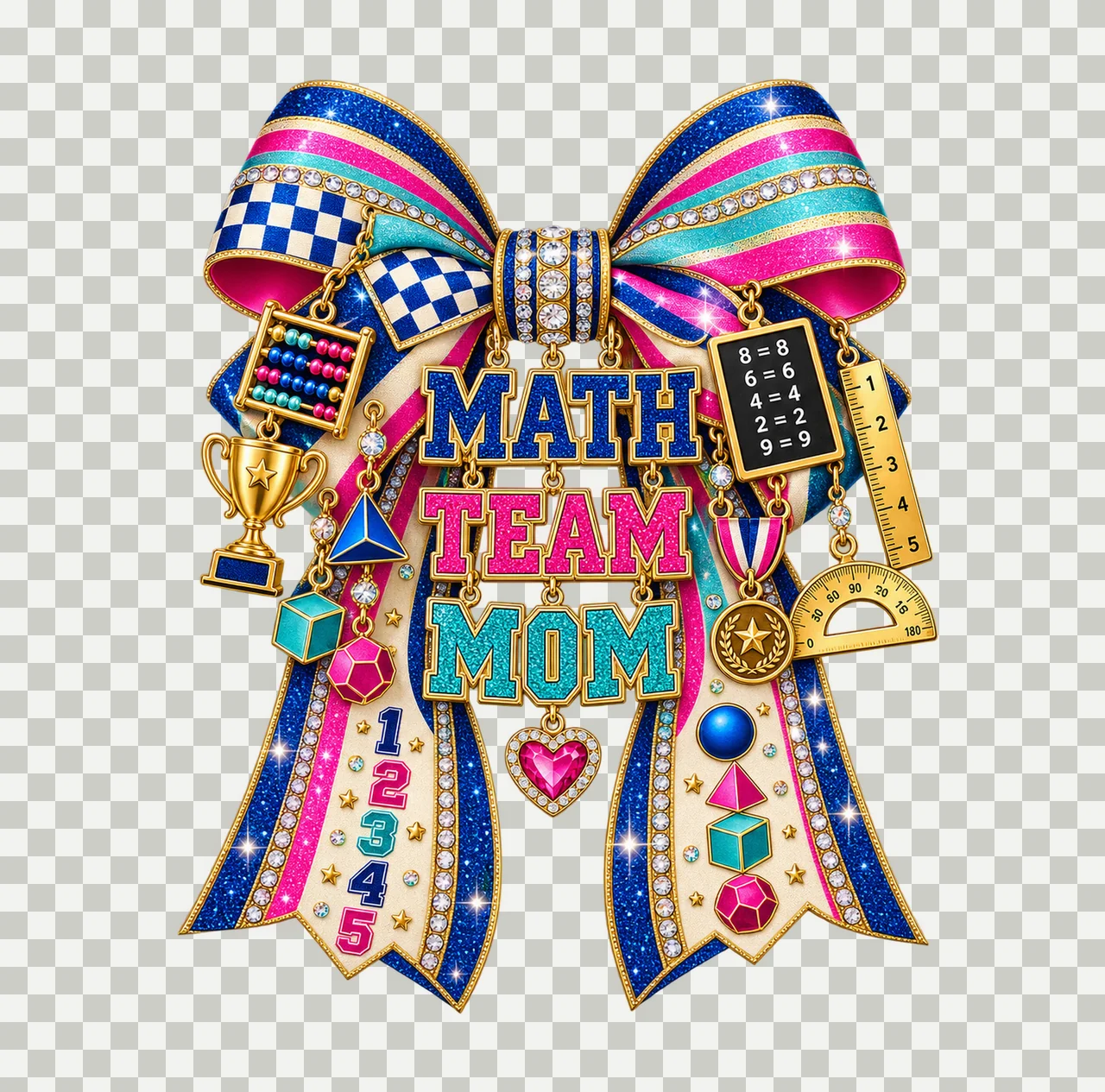 Math Team Mom Bow Charm PNG, Patterned Varsity Mom Ribbon Clipart, Transparent Sublimation Digital Download transparency and detail preview thumbnail