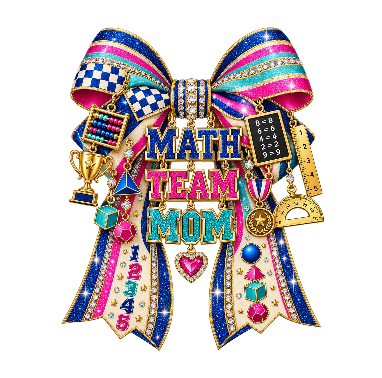 Math Team Mom Bow Charm PNG, Patterned Varsity Mom Ribbon Clipart, Transparent Sublimation Digital Download