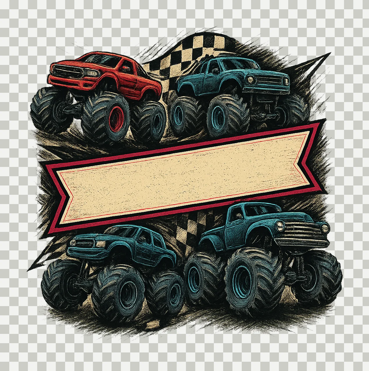 Neon Pink Monster Truck Mama Checkered Flag Sublimation Off transparency and detail preview thumbnail