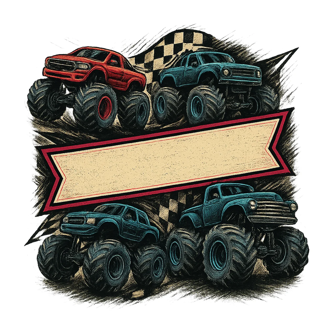Neon Pink Monster Truck Mama Checkered Flag Sublimation Off