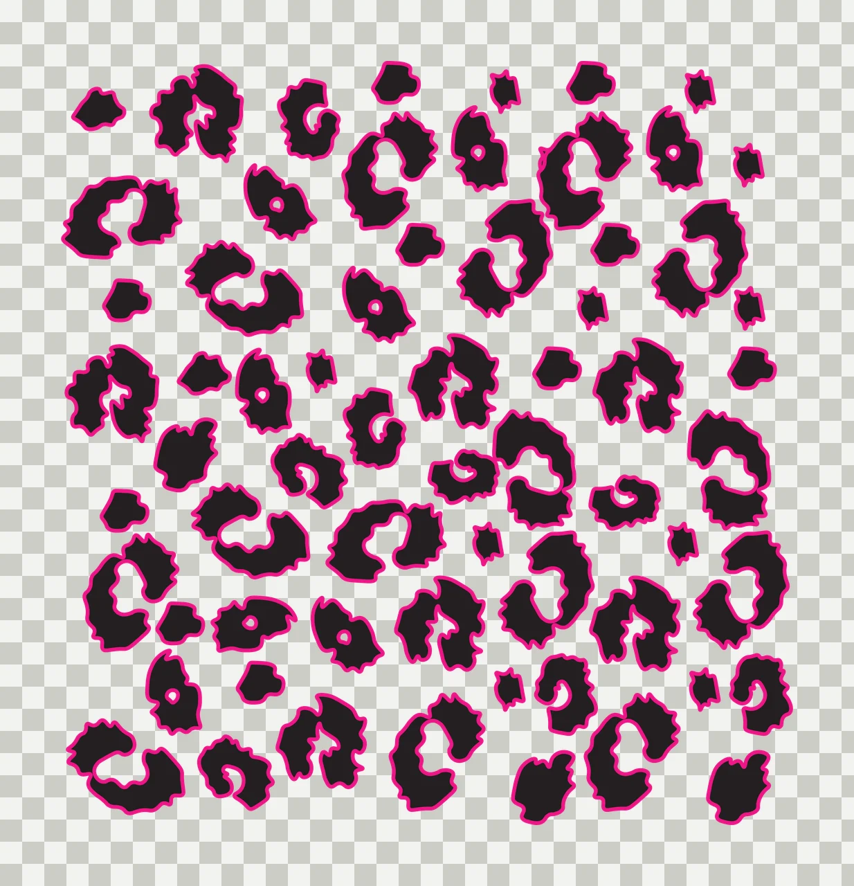 Leopard spot pattern Illustration with black leopard spots, bright pink outlines and white background transparency and detail preview thumbnail