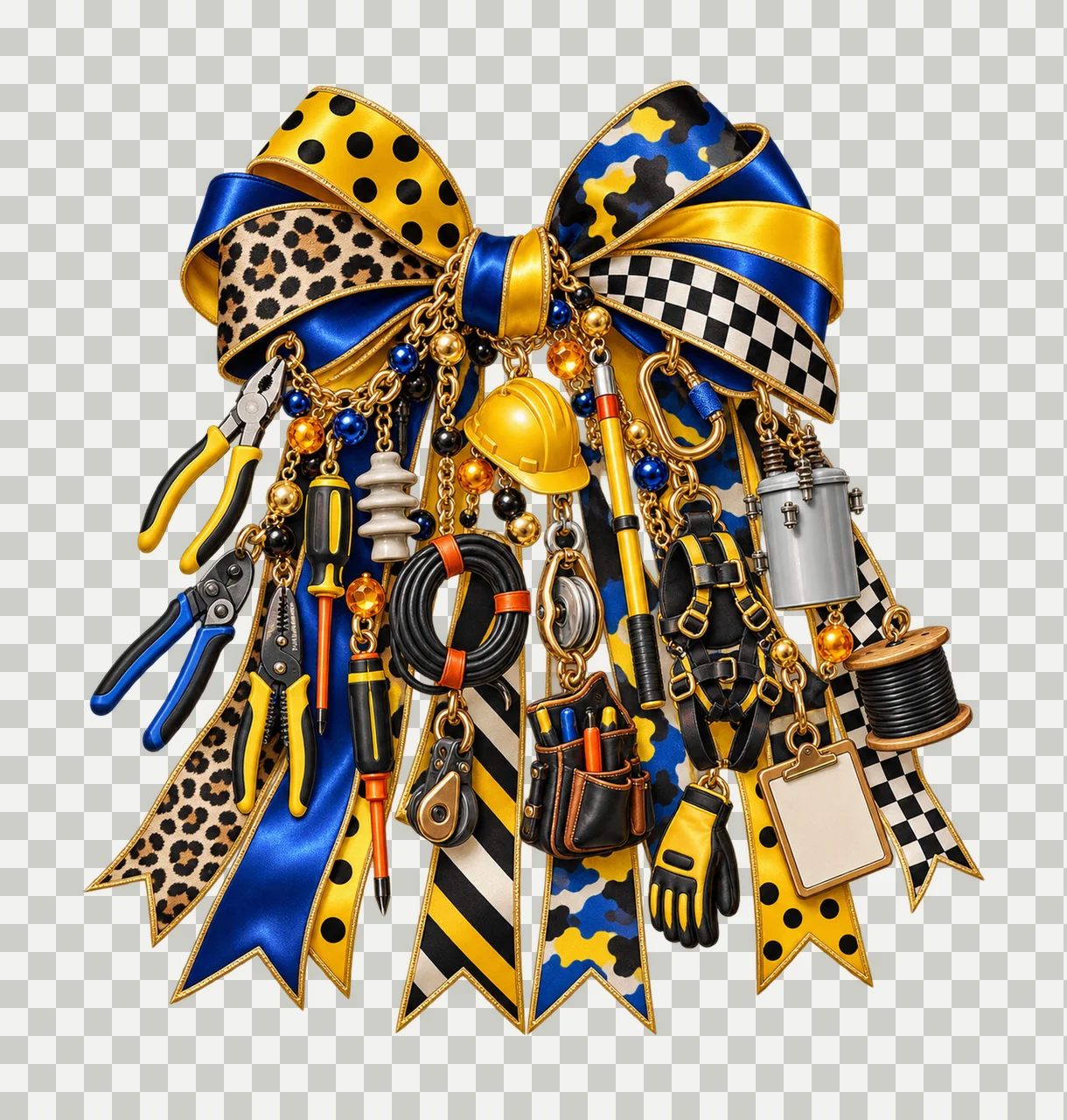 Electrical Lineman Bow Charm PNG, Themed Gold Chain Charms, Coquette Ribbon Sublimation Design, Transparent Digital Download transparency and detail preview thumbnail