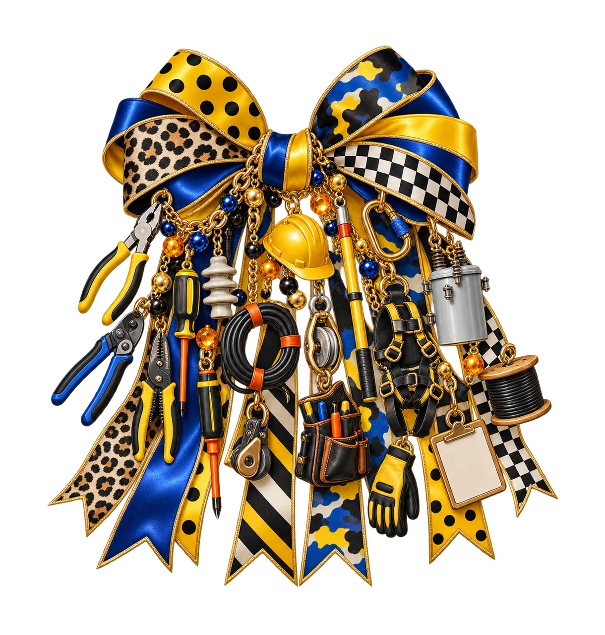 Electrical Lineman Bow Charm PNG, Themed Gold Chain Charms, Coquette Ribbon Sublimation Design, Transparent Digital Download