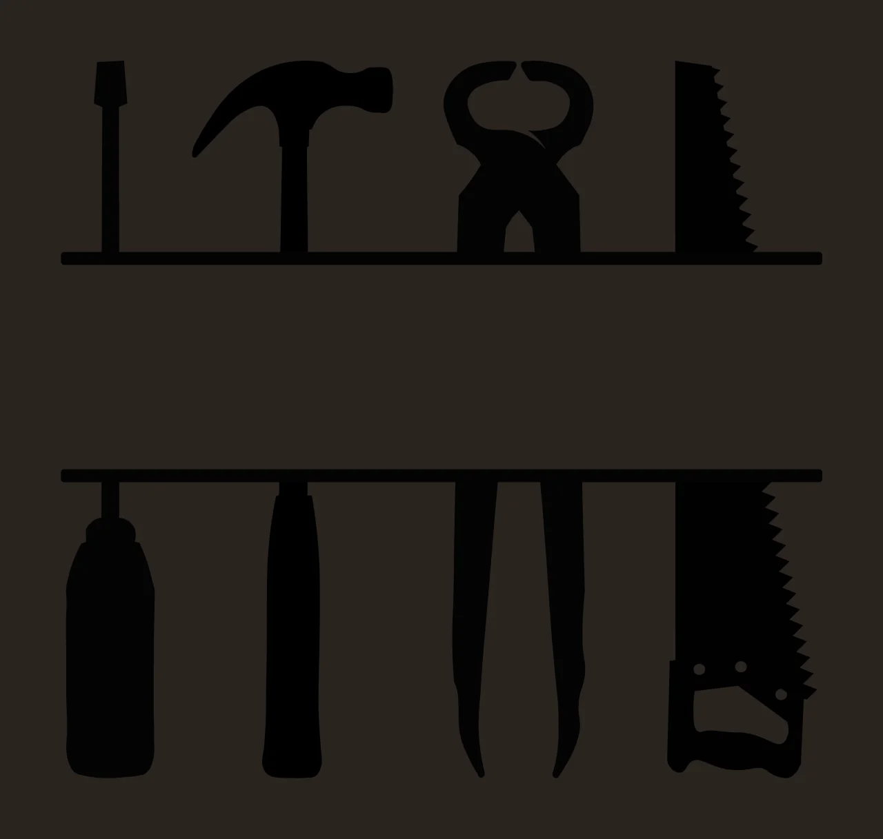 Silhouette Design of hand tools split frame with screwdriver, claw hammer, pincers and hand saw in black and white contrast preview thumbnail