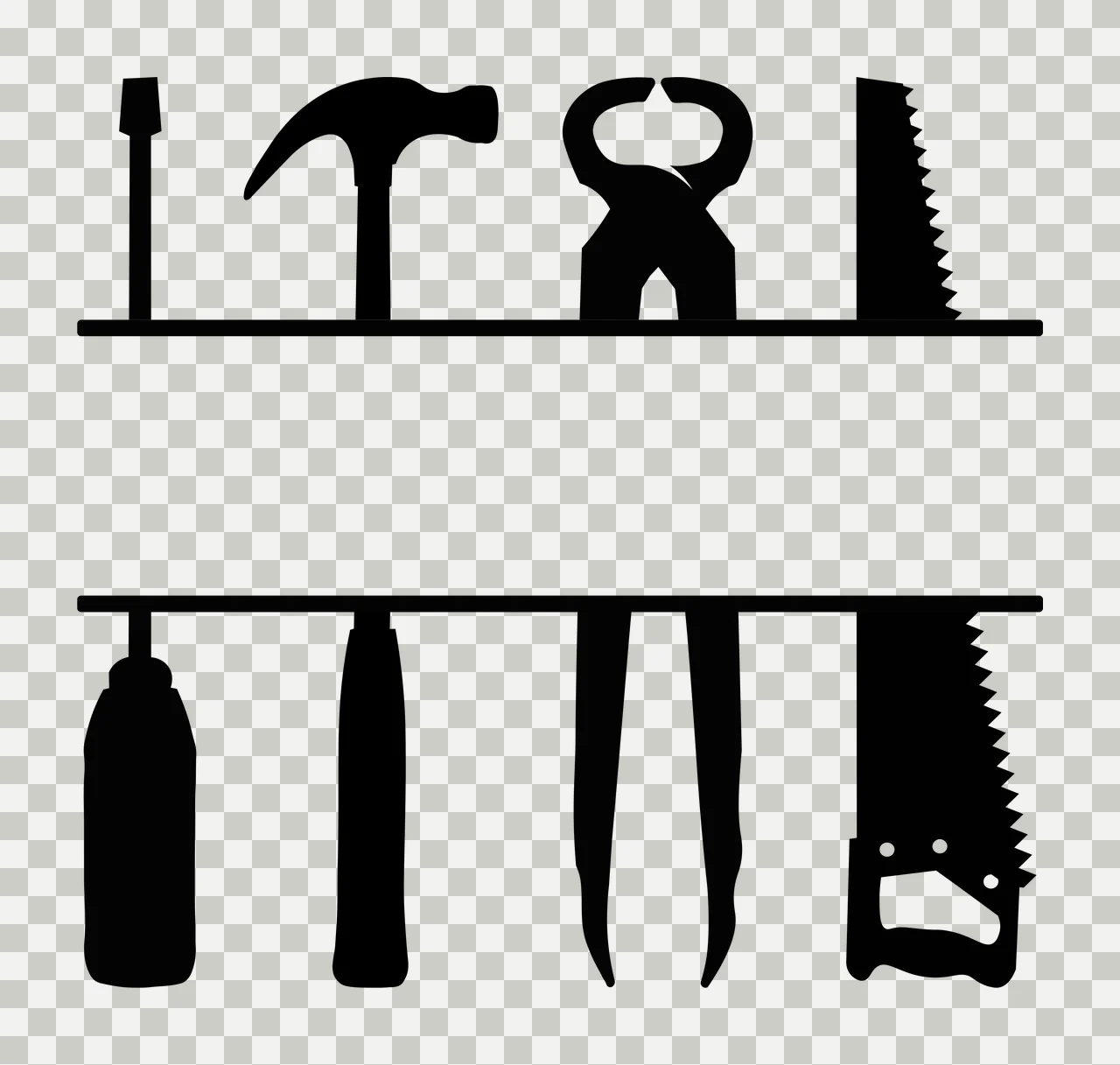 Silhouette Design of hand tools split frame with screwdriver, claw hammer, pincers and hand saw in black and white transparency and detail preview thumbnail