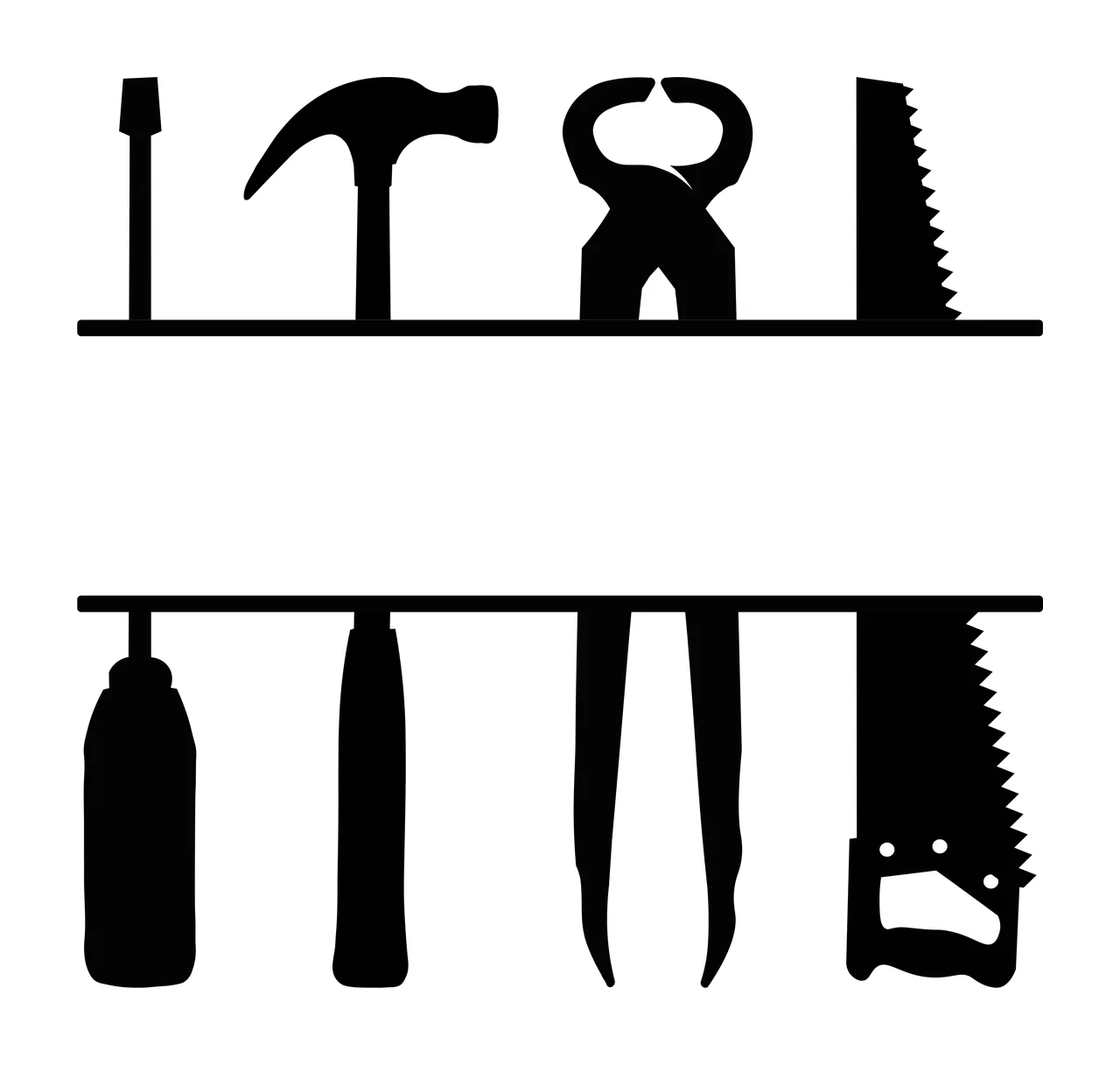 Silhouette Design of hand tools split frame with screwdriver, claw hammer, pincers and hand saw in black and white