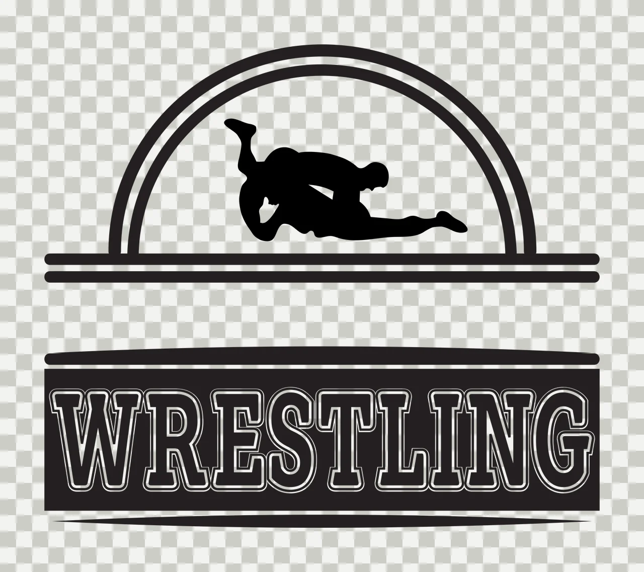 WRESTLING wrestlers silhouette Design with wrestler silhouettes, semi-circular arch frame, horizontal split bar and text banner in black and white transparency and detail preview thumbnail