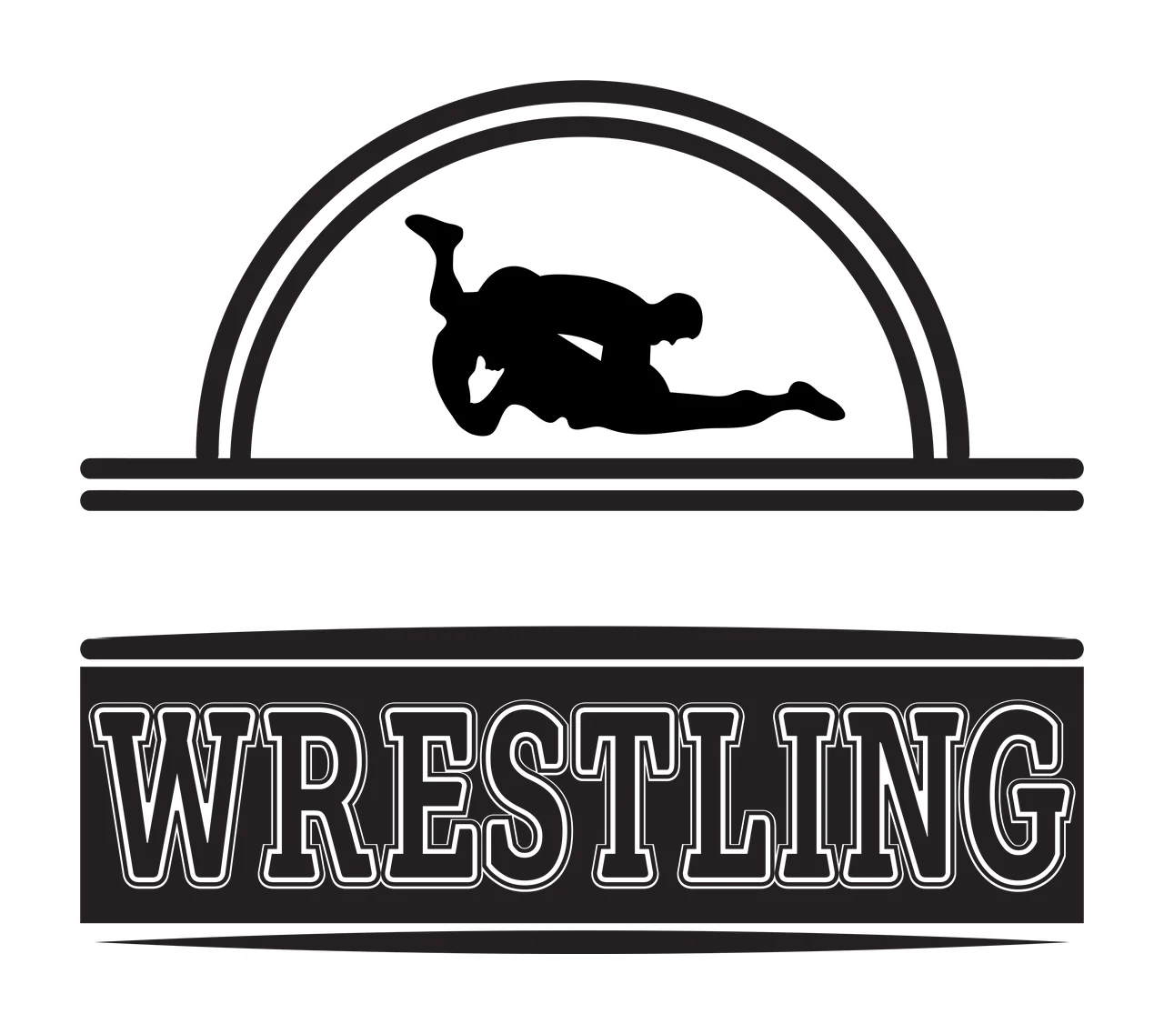 WRESTLING wrestlers silhouette Design with wrestler silhouettes, semi-circular arch frame, horizontal split bar and text banner in black and white