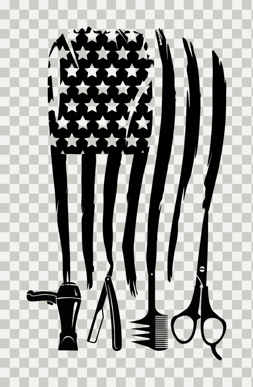 Silhouette Design of American flag distressed hair stylist barber tools design with stars, distressed stripes, hair dryer and straight razor in black and white transparency and detail preview thumbnail