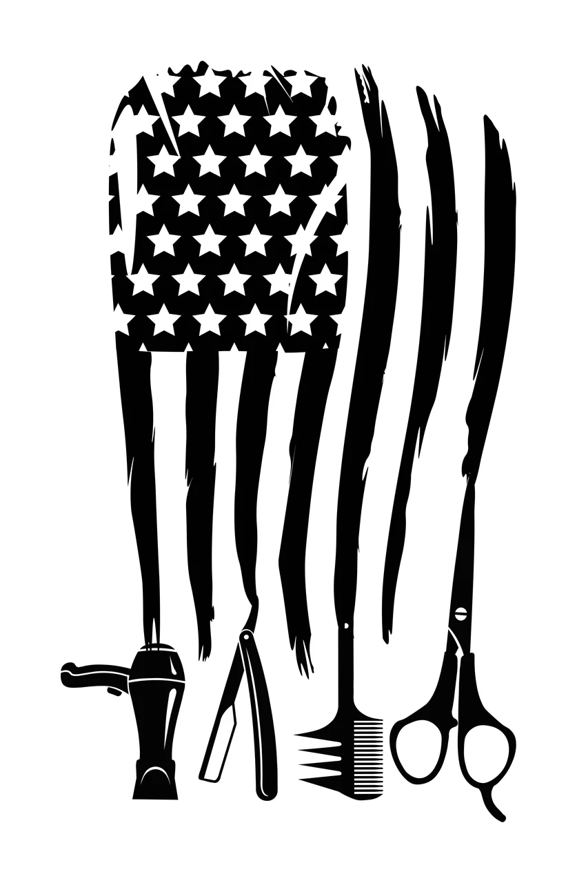 Silhouette Design of American flag distressed hair stylist barber tools design with stars, distressed stripes, hair dryer and straight razor in black and white