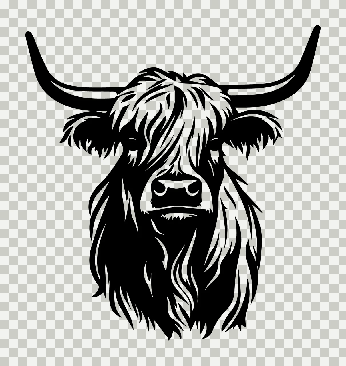 Hairy Highland Cattle Head Graphic staring horns hair ears transparency and detail preview thumbnail
