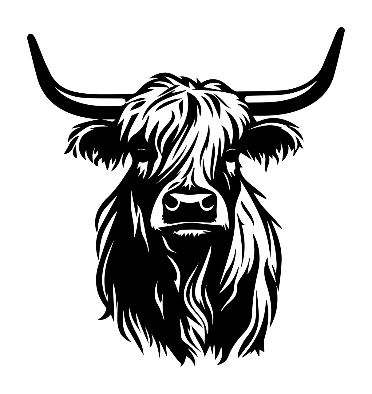 Hairy Highland Cattle Head Graphic staring horns hair ears