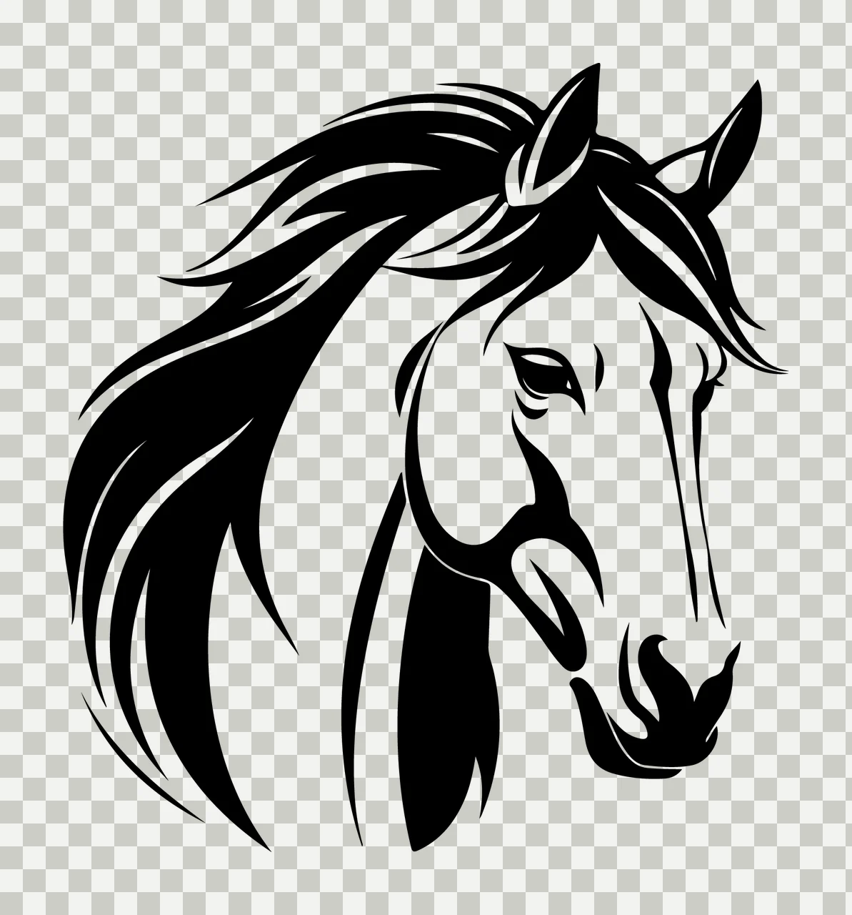 Horse Head Silhouette With Mane stationary ears eyes nostrils transparency and detail preview thumbnail