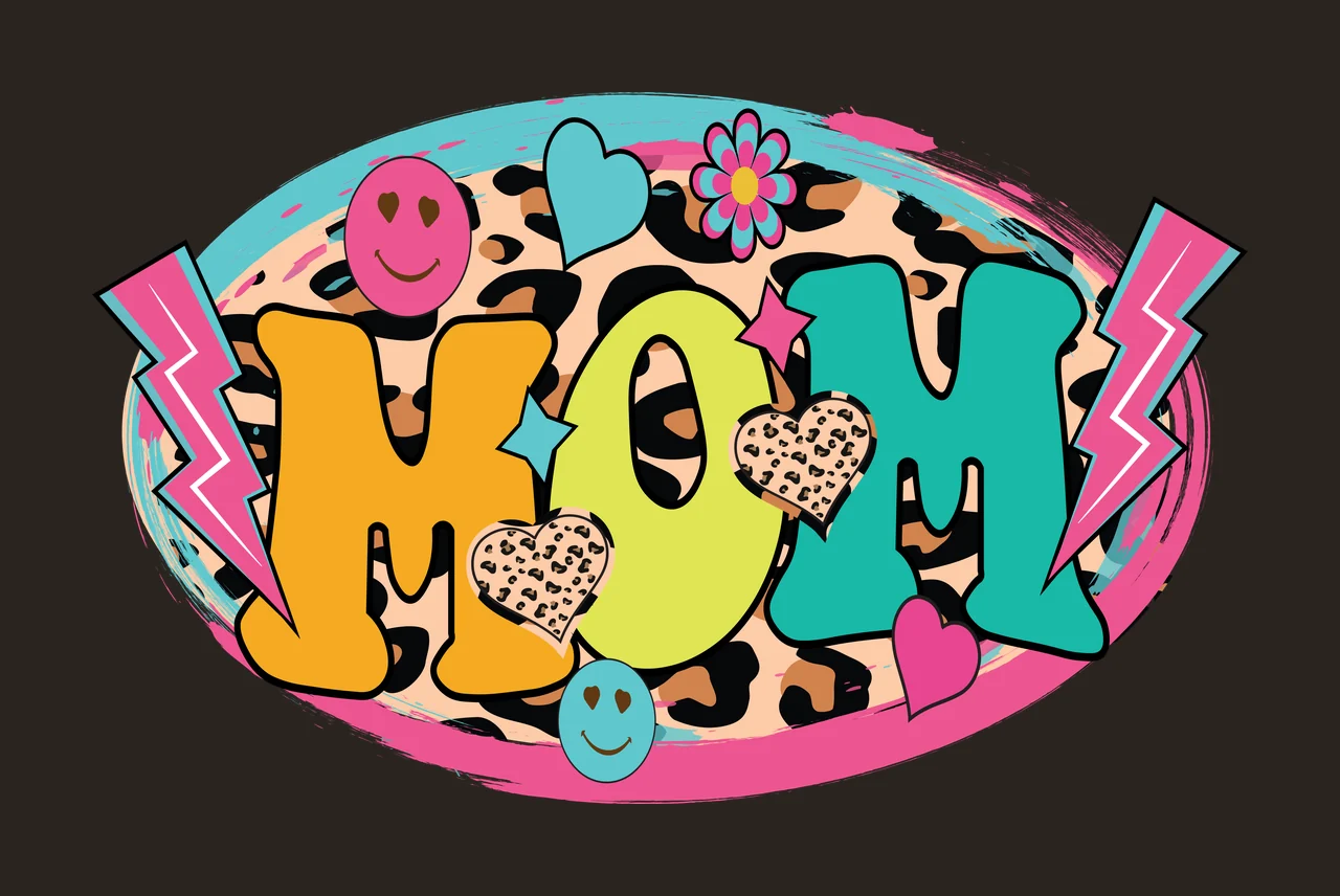 MOM Typography Design with leopard print oval, smiley faces, heart shapes and lightning bolts in orange, lime green and teal contrast preview thumbnail