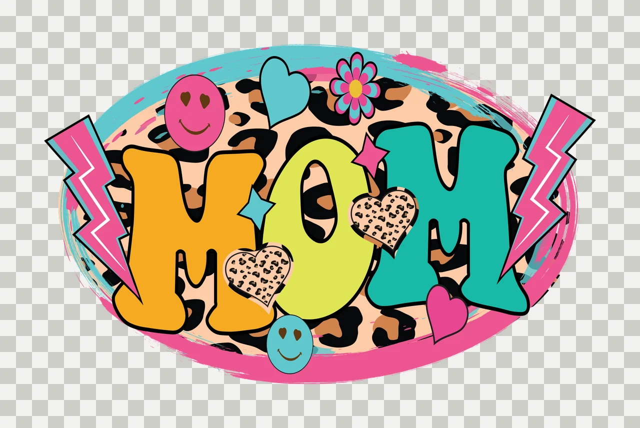 MOM Typography Design with leopard print oval, smiley faces, heart shapes and lightning bolts in orange, lime green and teal transparency and detail preview thumbnail