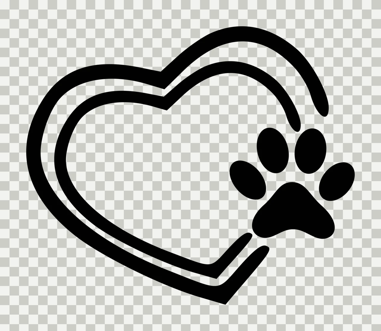 Line Art Illustration of Black heart outline with paw print design in white transparency and detail preview thumbnail