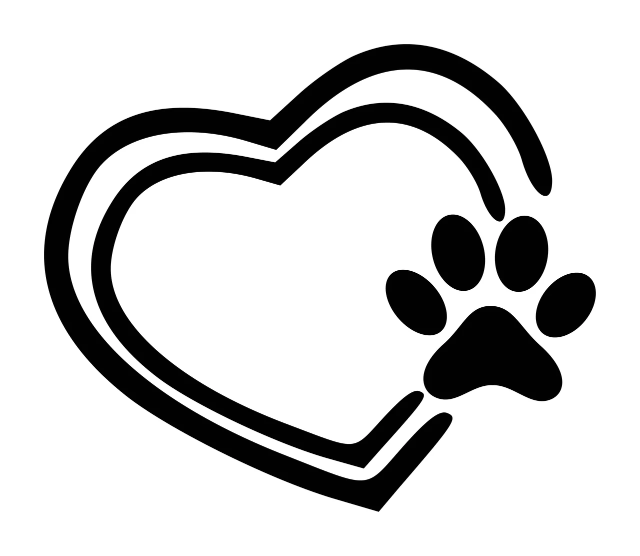 Line Art Illustration of Black heart outline with paw print design in white