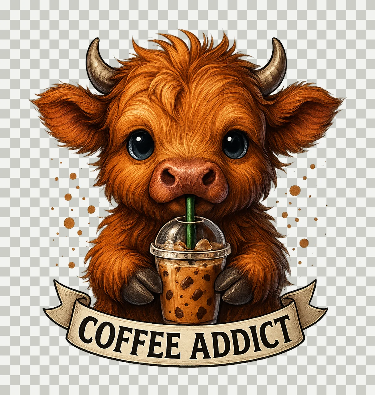 Cute Highland Cow Sublimation Design Coffee Addict Artwork transparency and detail preview thumbnail