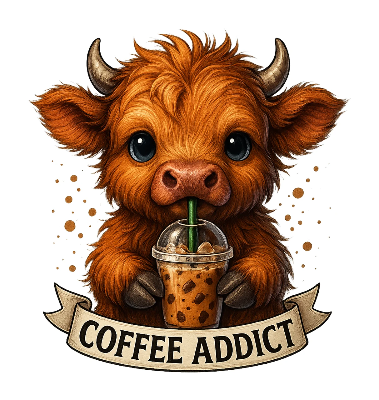 Cute Highland Cow Sublimation Design Coffee Addict Artwork