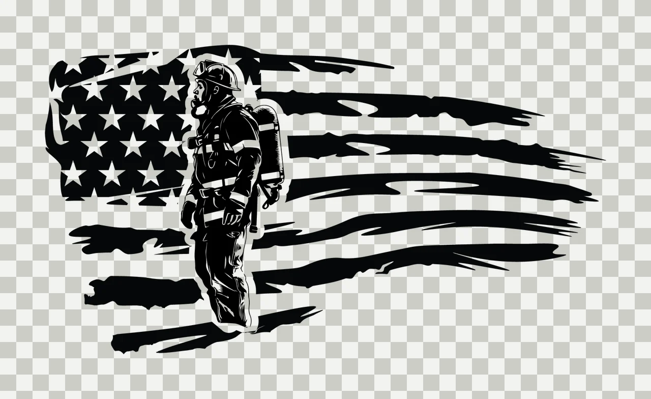 Firefighter Silhouette Over Distressed Flag standing uniform transparency and detail preview thumbnail