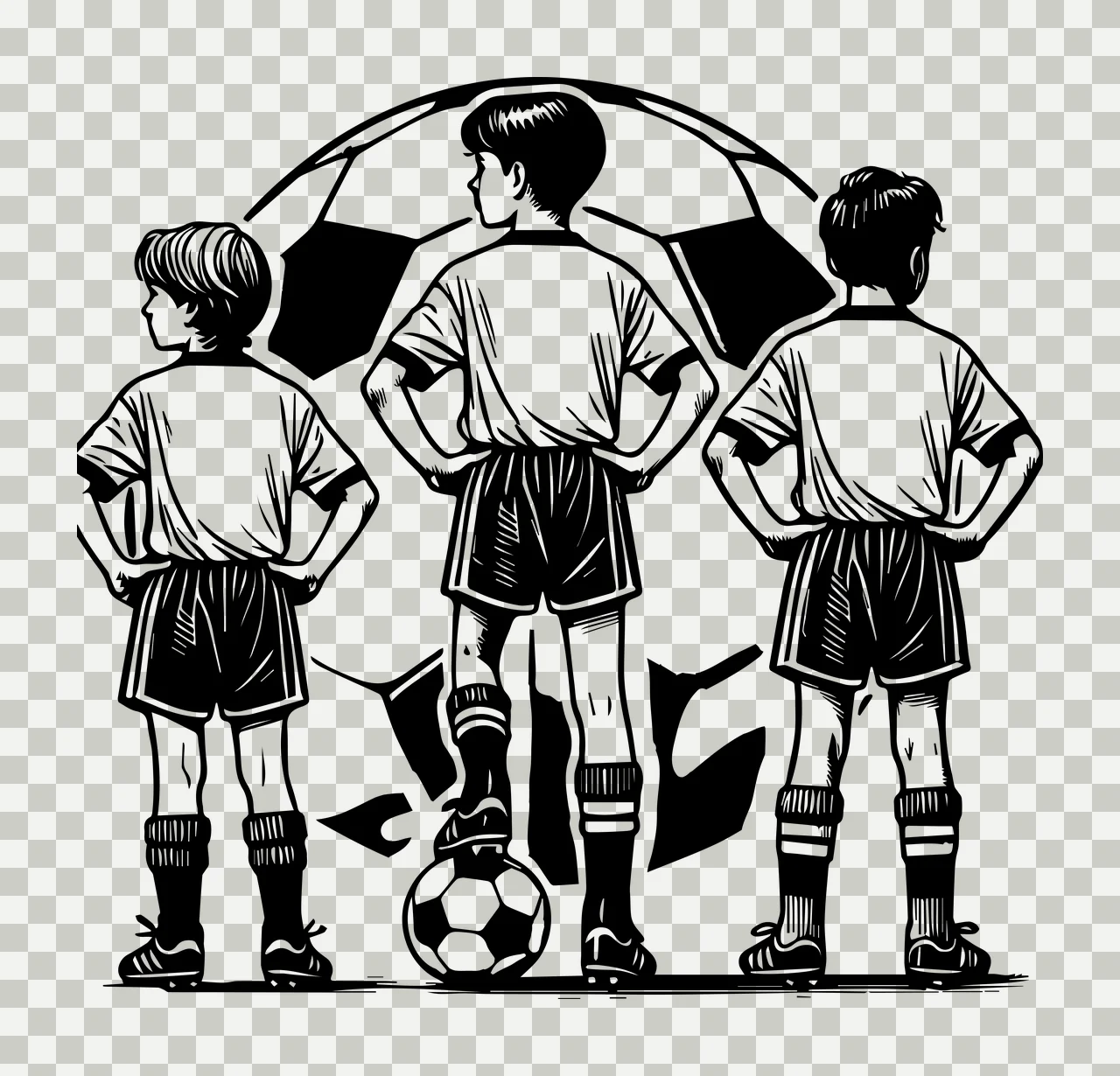 Soccer Ball Three Children Players Outline standing with hands on hips transparency and detail preview thumbnail
