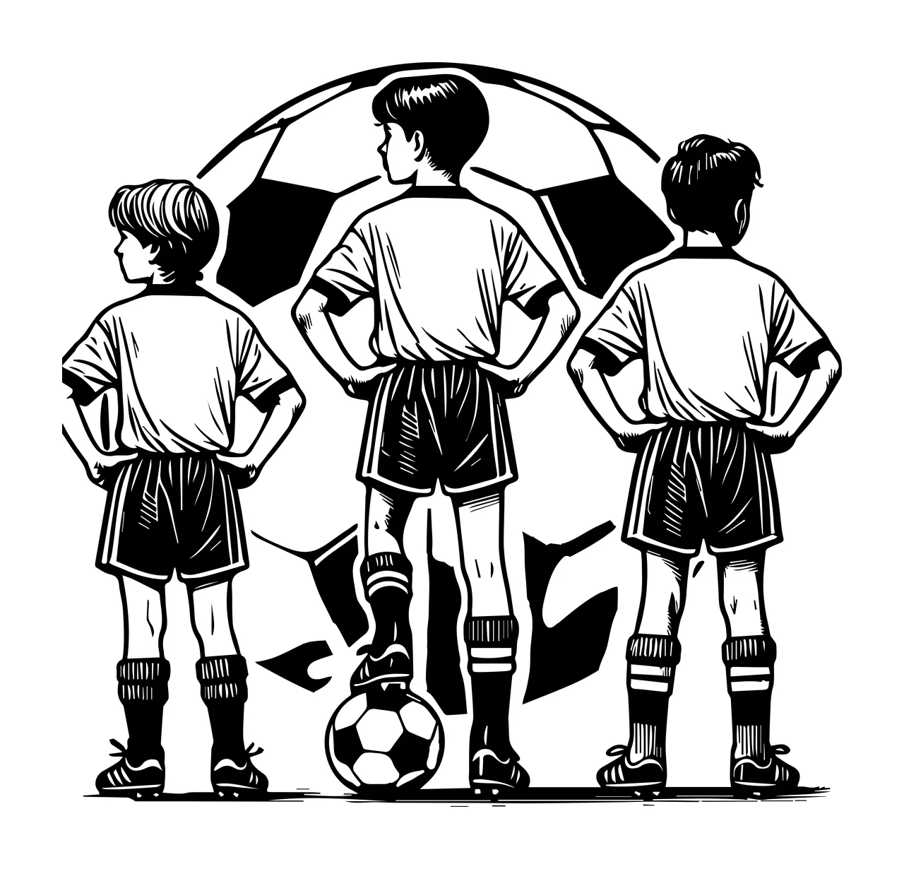 Soccer Ball Three Children Players Outline standing with hands on hips