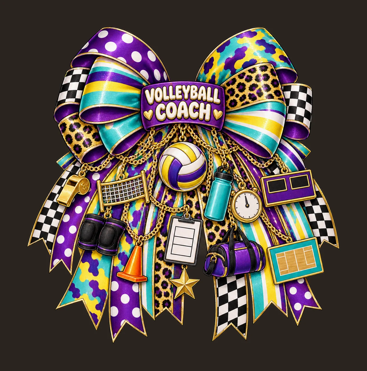Volleyball Coach Bow Charm PNG, Gold Chain Charms, Transparent Sublimation Design, Digital Download contrast preview thumbnail