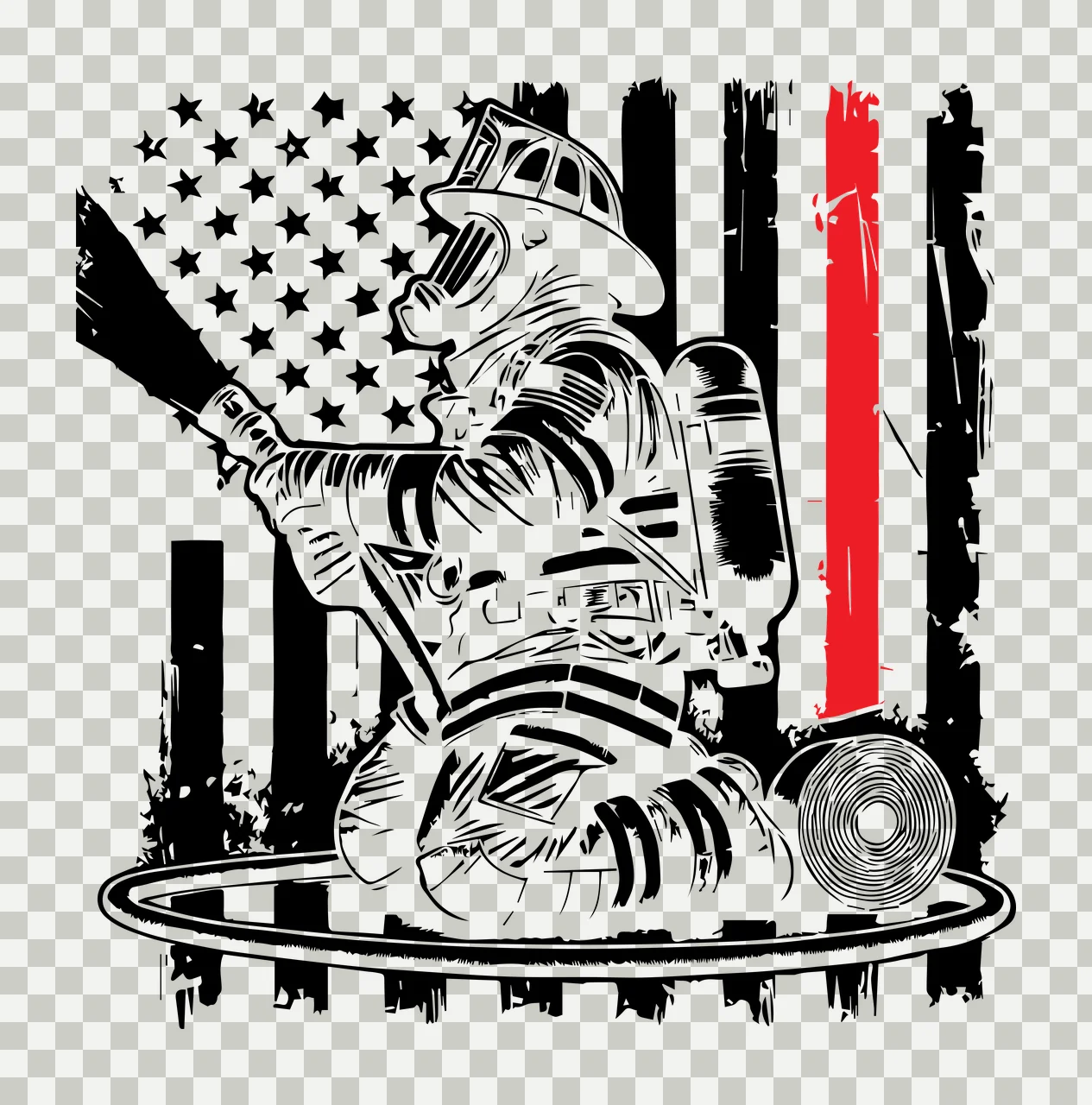 Flag Firefighter In Helmet With Hose kneeling stars stripes transparency and detail preview thumbnail