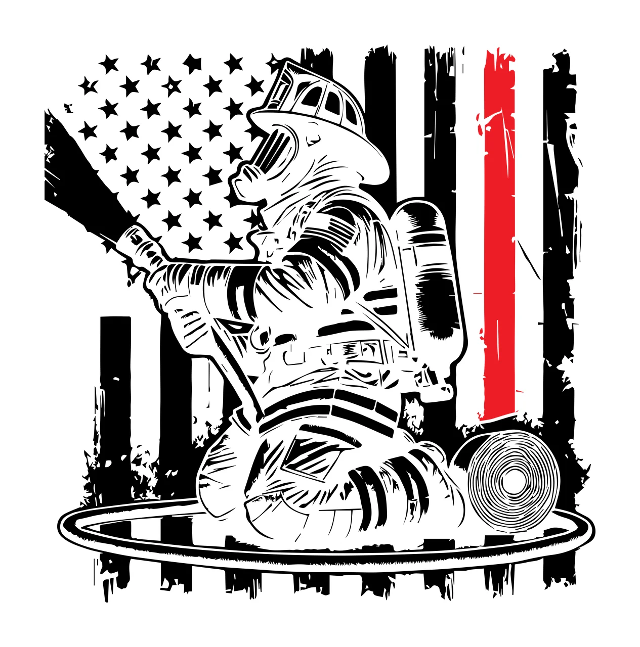 Flag Firefighter In Helmet With Hose kneeling stars stripes