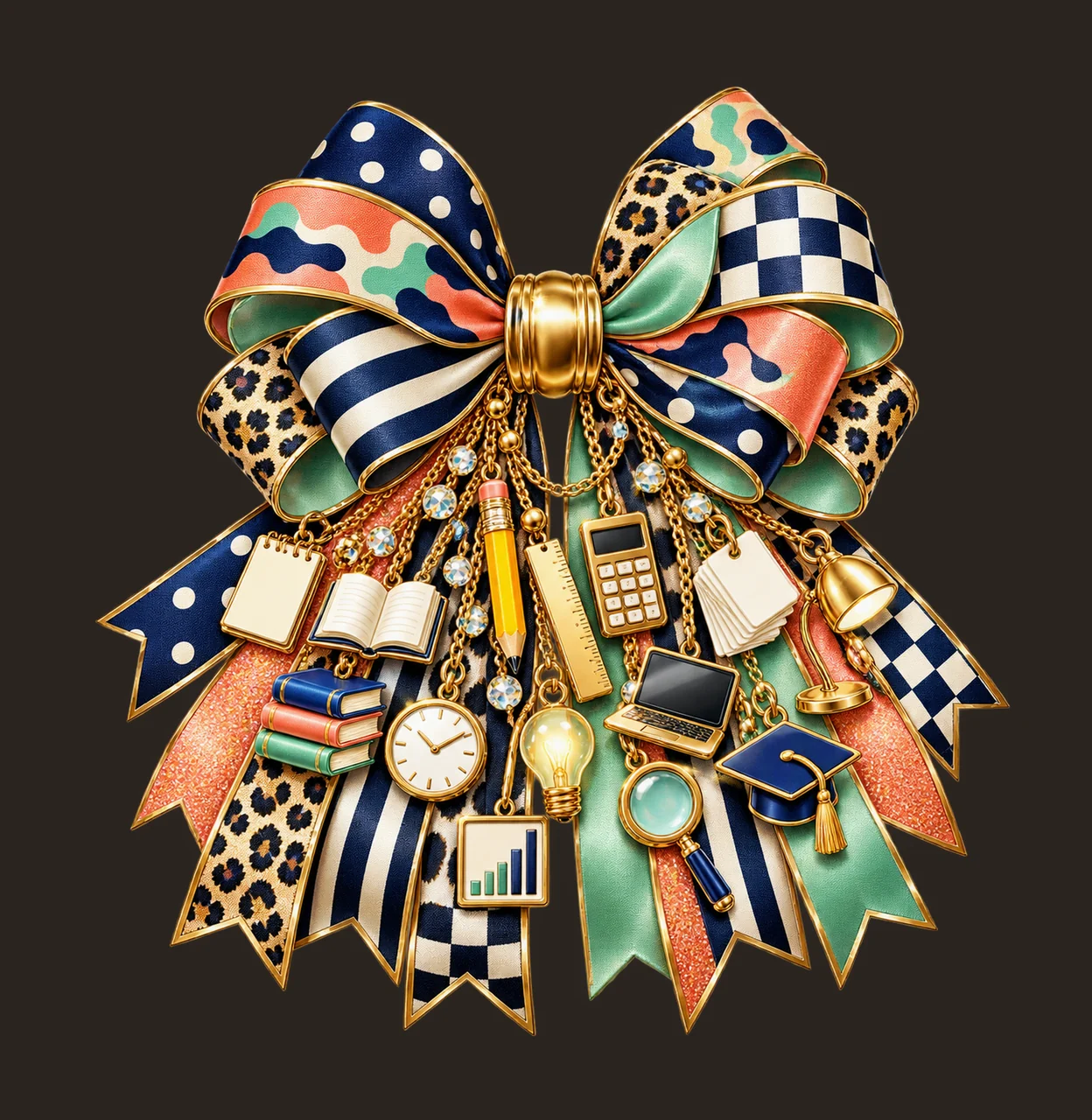 Tutor Bow Charm PNG, Themed Gold Chain Charms, Coquette Ribbon Sublimation Design, Transparent Digital Download contrast preview thumbnail