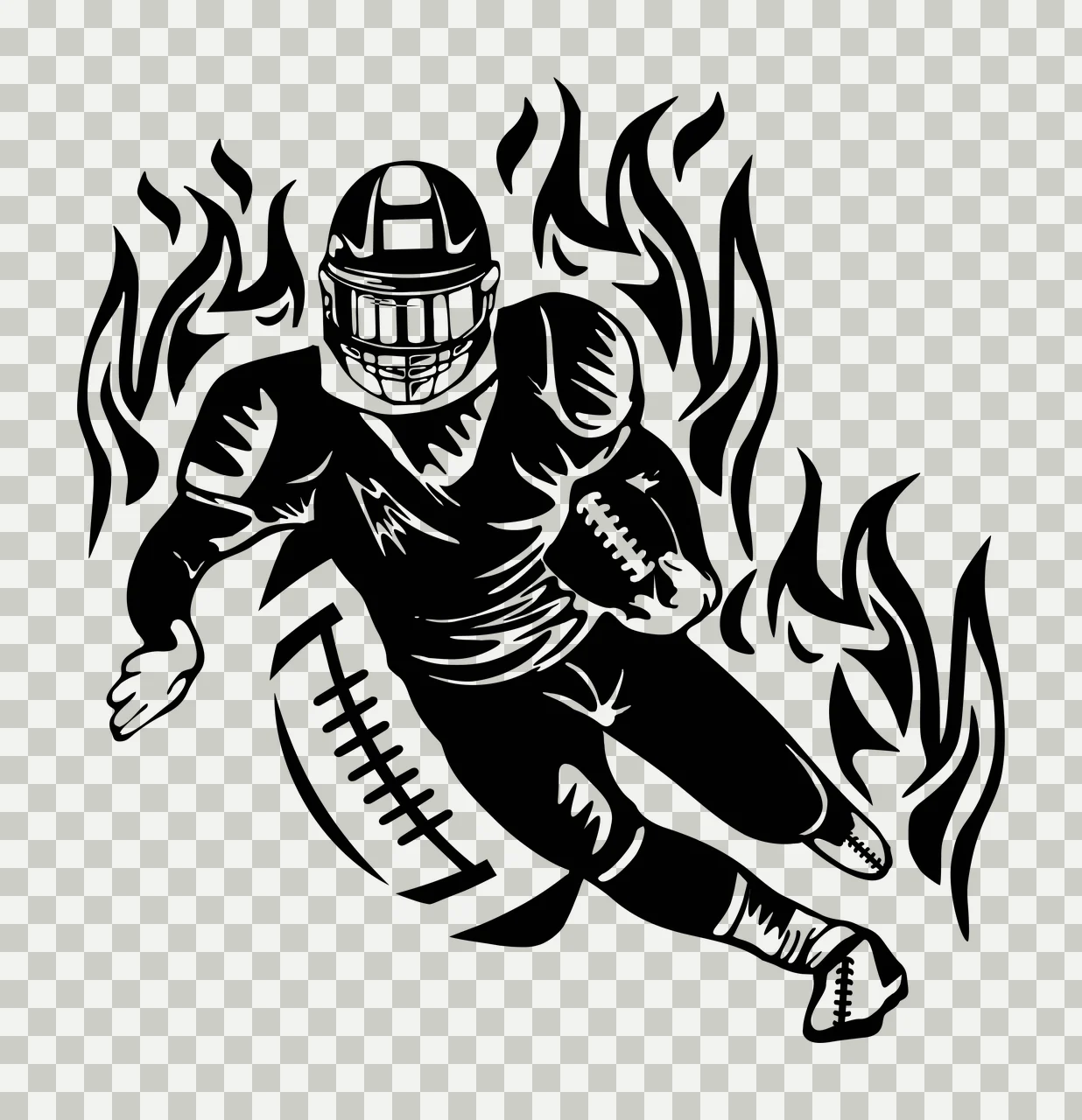 Football Player Running Over American Flag flames silhouette transparency and detail preview thumbnail