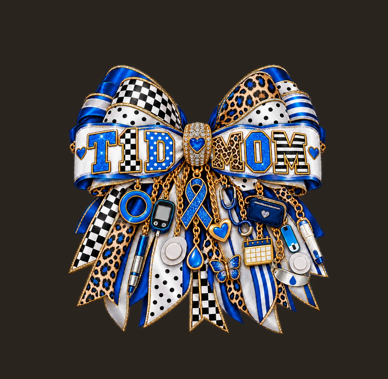 T1D Mom Bow Charm PNG, Patterned Varsity Mom Ribbon Clipart, Transparent Sublimation Digital Download contrast preview thumbnail