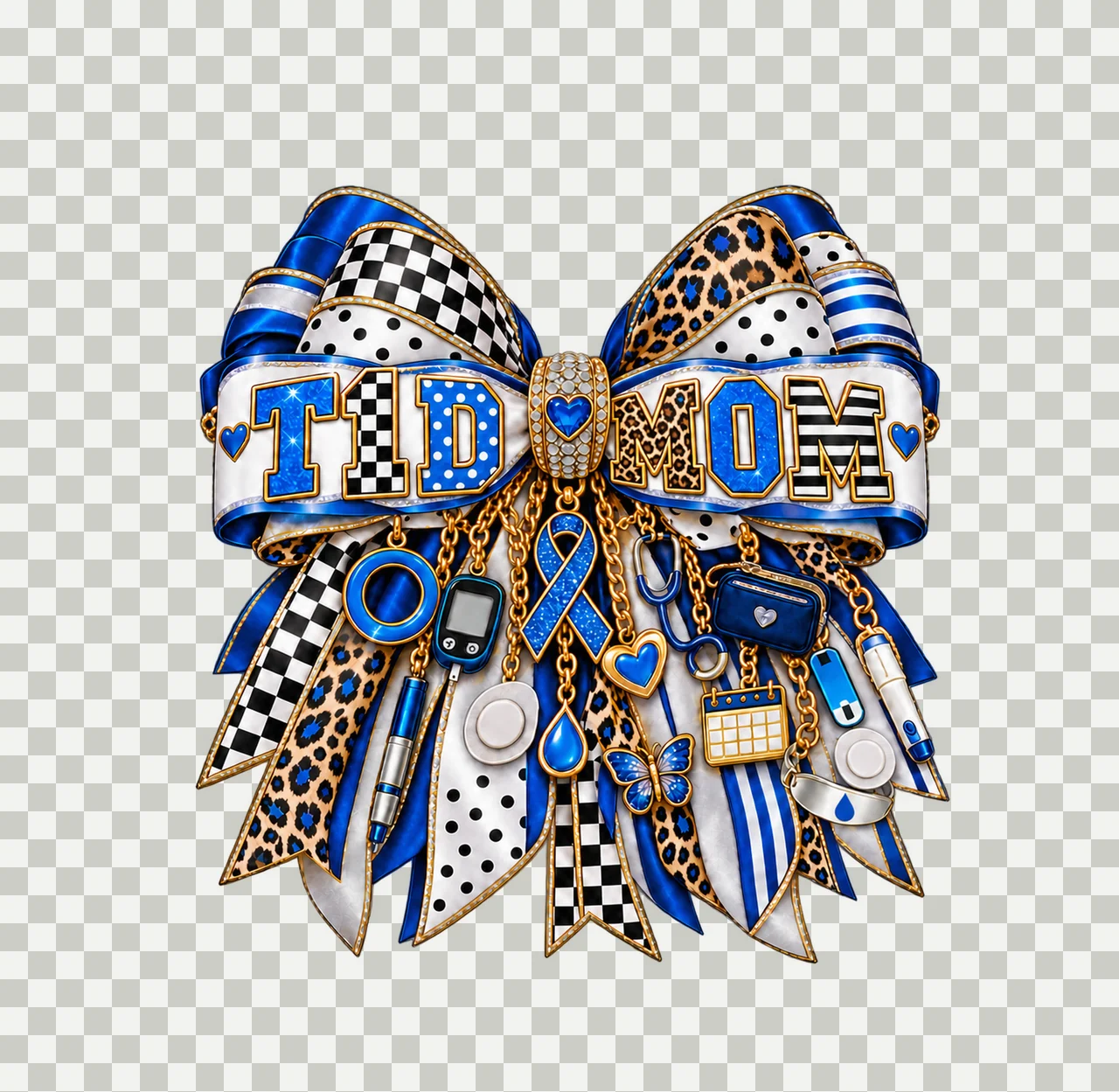 T1D Mom Bow Charm PNG, Patterned Varsity Mom Ribbon Clipart, Transparent Sublimation Digital Download transparency and detail preview thumbnail
