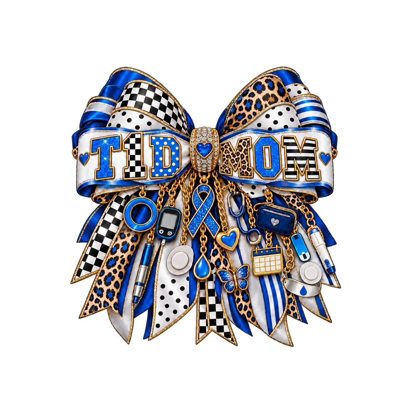 T1D Mom Bow Charm PNG, Patterned Varsity Mom Ribbon Clipart, Transparent Sublimation Digital Download