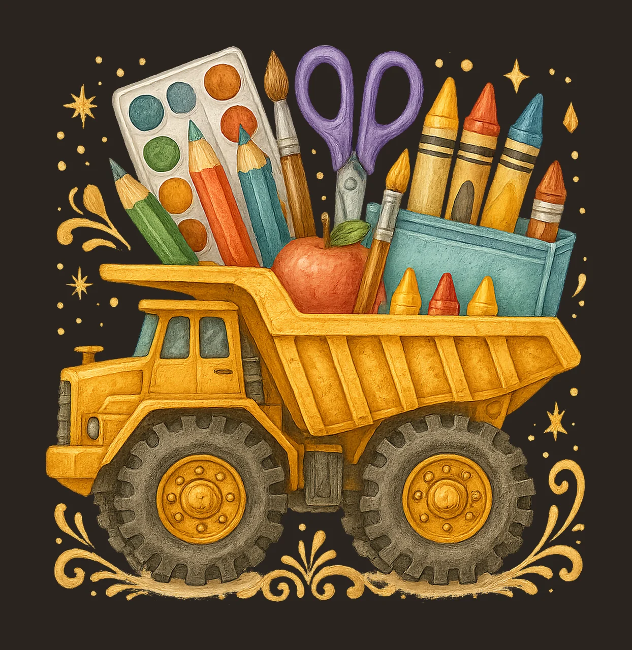 Back to School Supplies Construction Dump Truck Watercolor contrast preview thumbnail