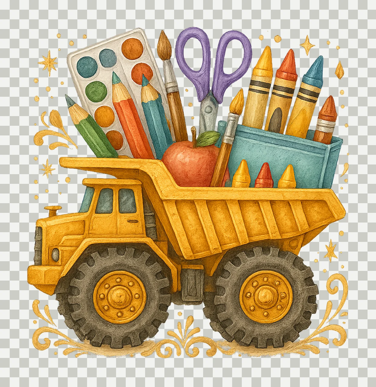 Back to School Supplies Construction Dump Truck Watercolor transparency and detail preview thumbnail