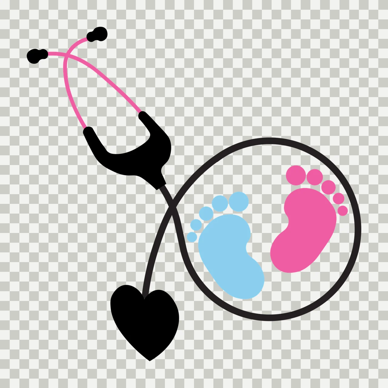 Stethoscope with baby footprints inside earpiece circle and heart-shaped diaphragm Illustration with pink stethoscope tubing, black stethoscope body, blue baby footprint and white circular background transparency and detail preview thumbnail