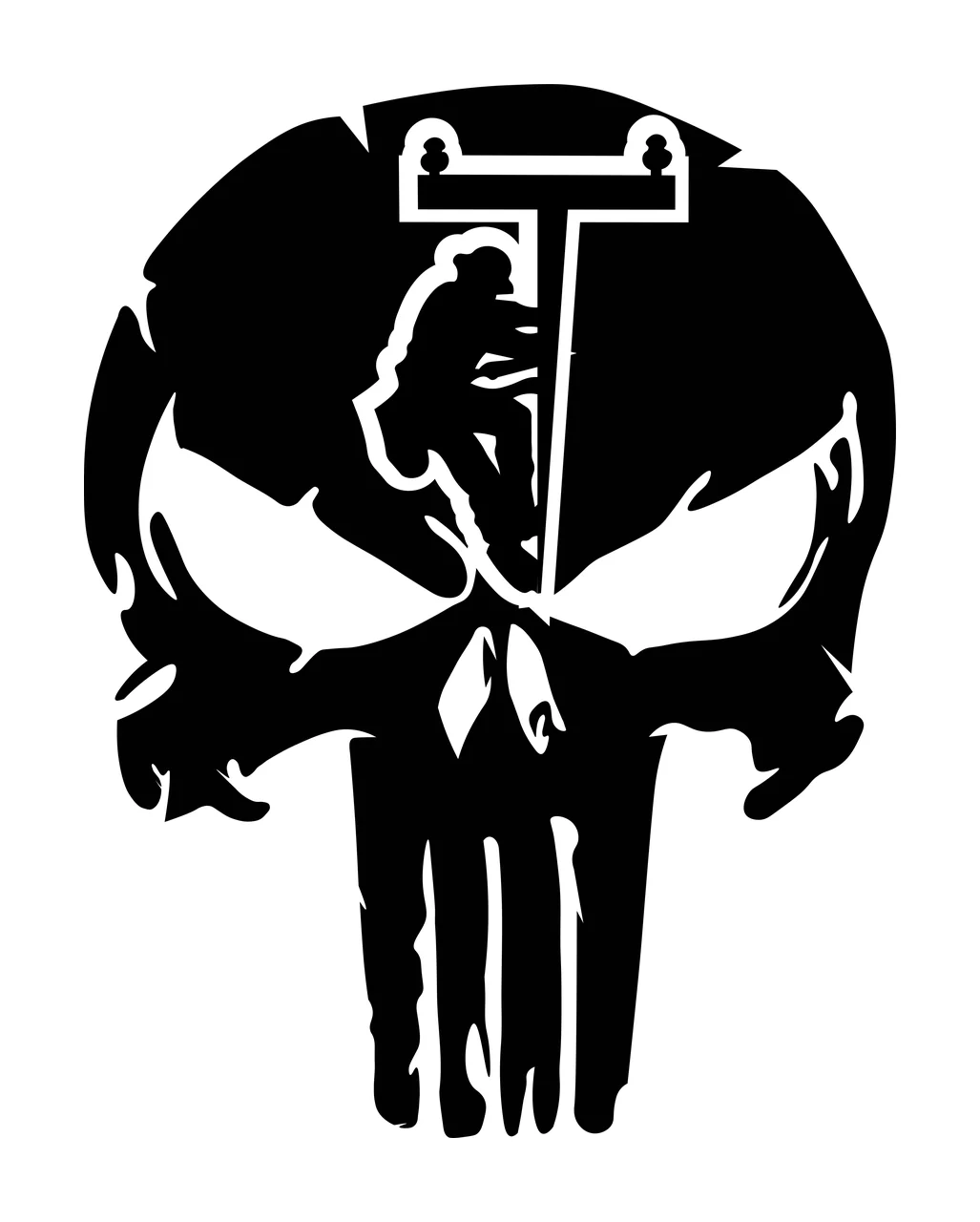 Skull with lineman silhouette Illustration with utility pole, crossarm and insulators in black and white