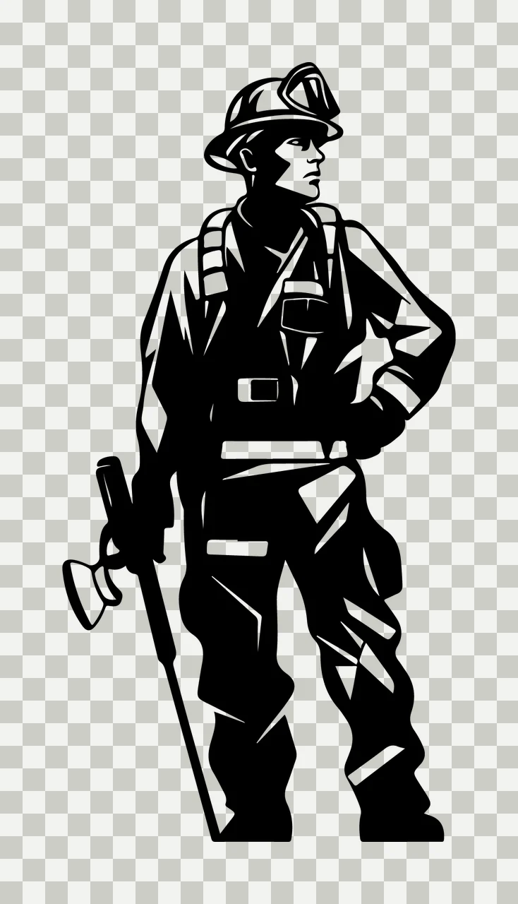 Firefighter Holding Tool standing helmet protective gear silhouette transparency and detail preview thumbnail