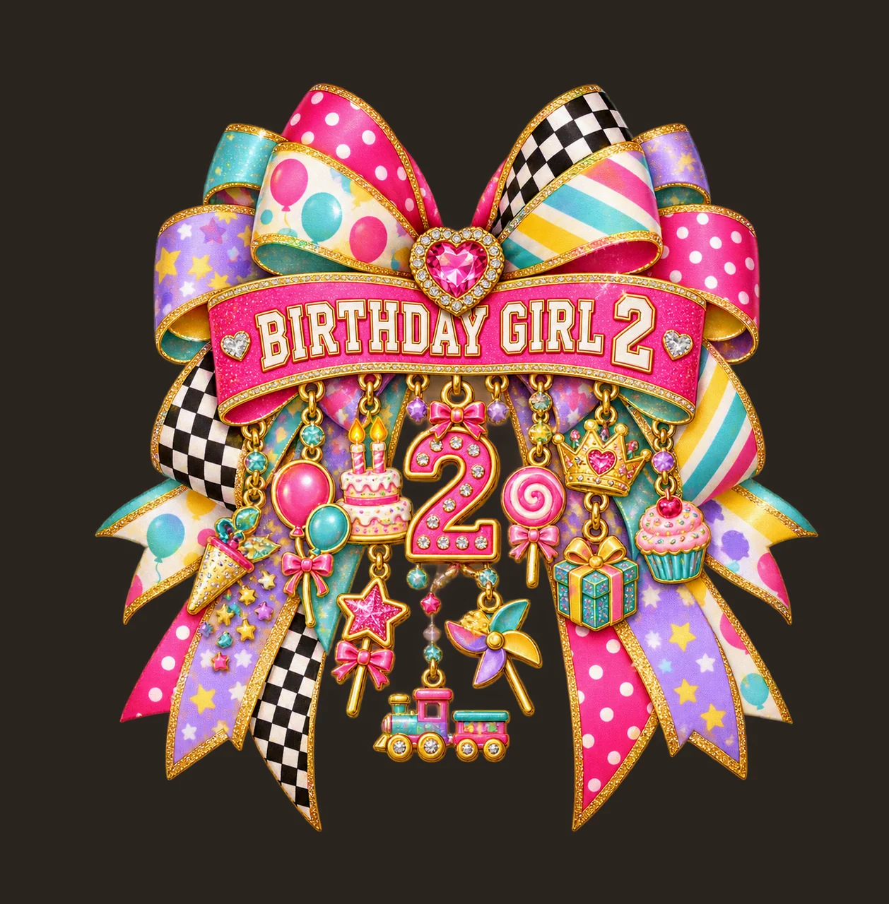 Birthday Girl 2 Bow Charm PNG, Patterned Coquette Bow Clipart, Transparent Sublimation Digital Download contrast preview thumbnail